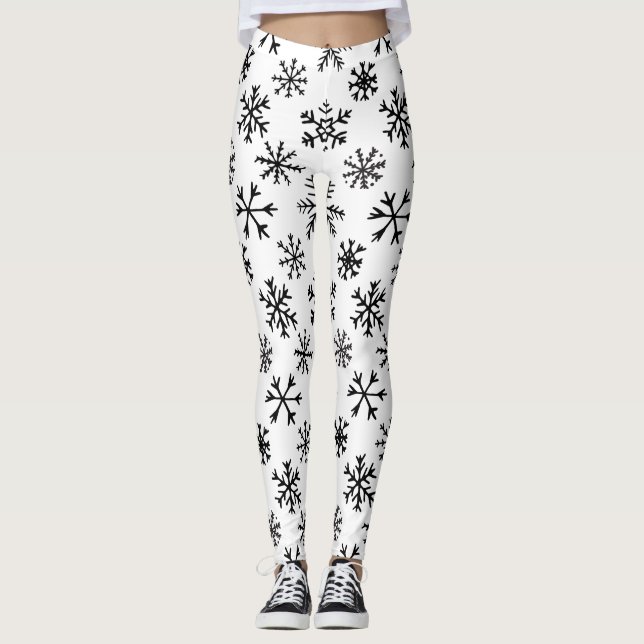 Snowflakes Black and White Pattern Leggings (Front)