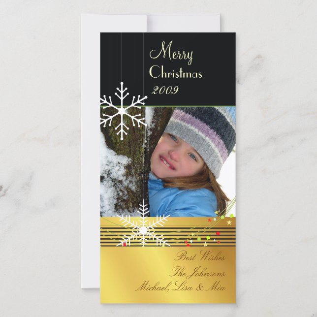 Snowflakes ~ black, gold tone christmas holiday card (Front)