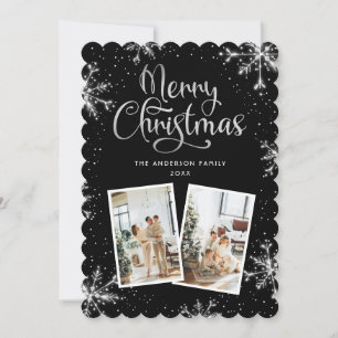 Snowflakes Black Silver 2 Photo Christmas Card