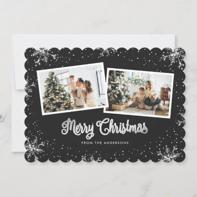 Snowflakes Black Silver Photo Merry Christmas Card (Front)