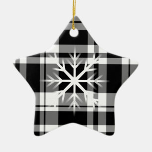Snowflakes, black white plaid pattern ceramic tree decoration