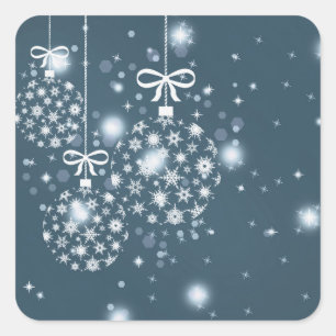 Snowflakes, blue and white, balloons, Merry Christ Square Sticker