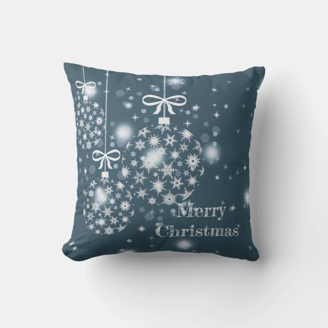 Snowflakes, blue and white, balloons, Merry Cushion (Front)