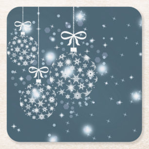 Snowflakes, blue and white, balloons square paper coaster