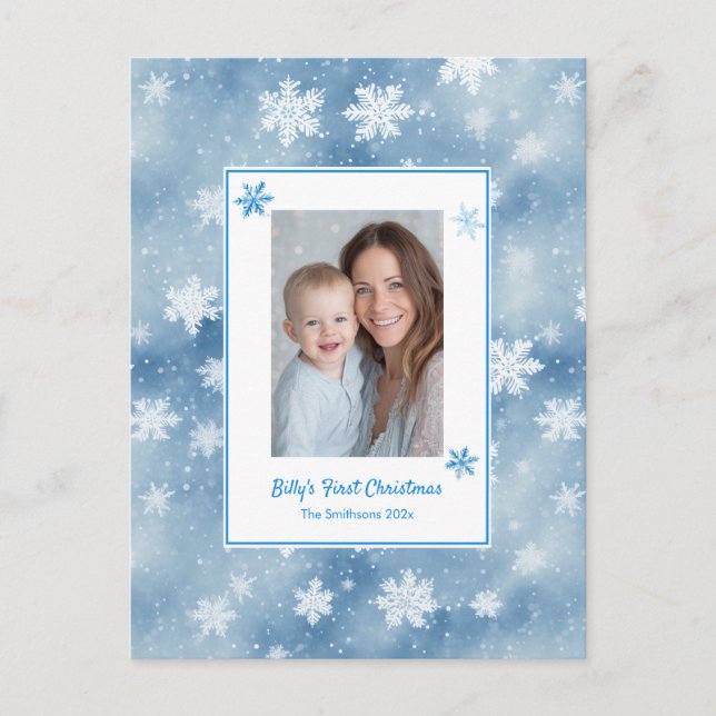 Snowflakes Blue Baby Boy Photo First Christmas  Holiday Postcard (Front)