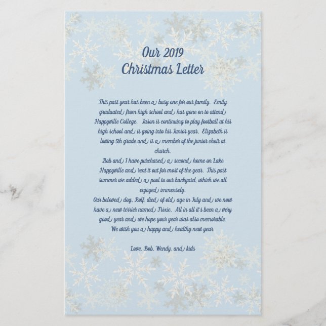 Snowflakes Blue Family Christmas Letter Paper (Front)