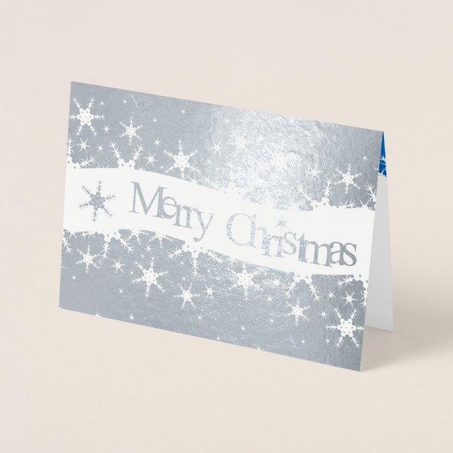 Snowflakes Blue Merry Christmas - Silver Foil Card (Front)