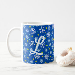 Snowflakes Blue Navy Blue Elegant Script Monogram Coffee Mug