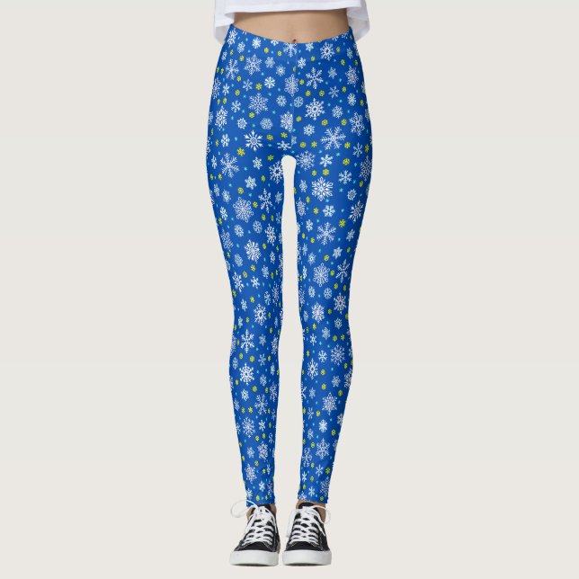Snowflakes Blue Navy Blue Royal Blue Elegant Chic Leggings (Front)