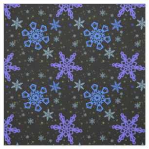 Snowflakes Blue Purple on Black Fabric