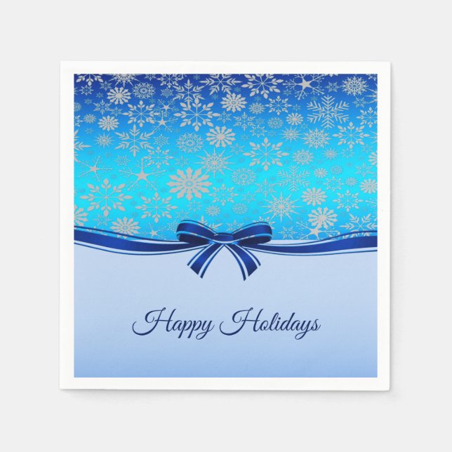 Snowflakes Blue Ribbon Holiday Paper Napkin (Front)