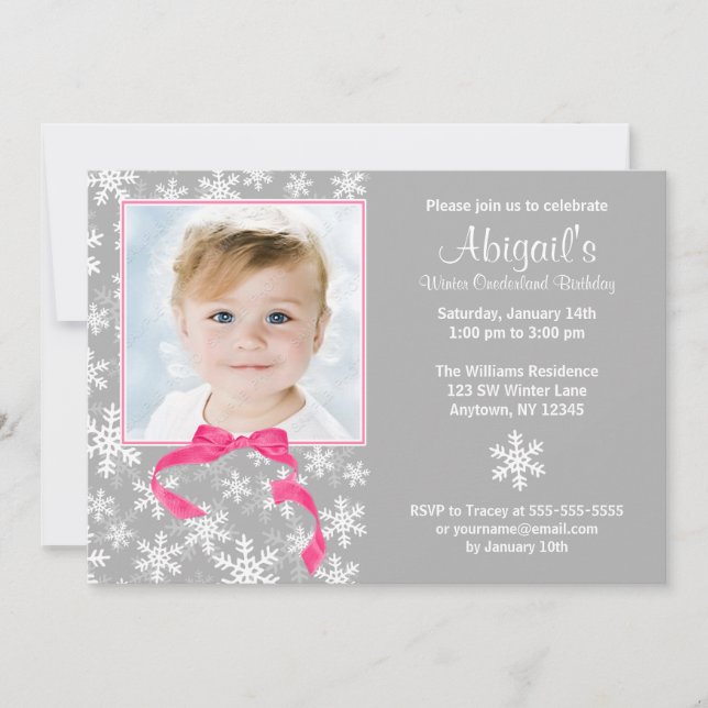 Snowflakes Bow Winter Onederland Photo Birthday Invitation (Front)