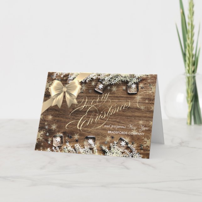 Snowflakes,Bow,Wood, Christmas Corporate Greeting Holiday Card (Front)