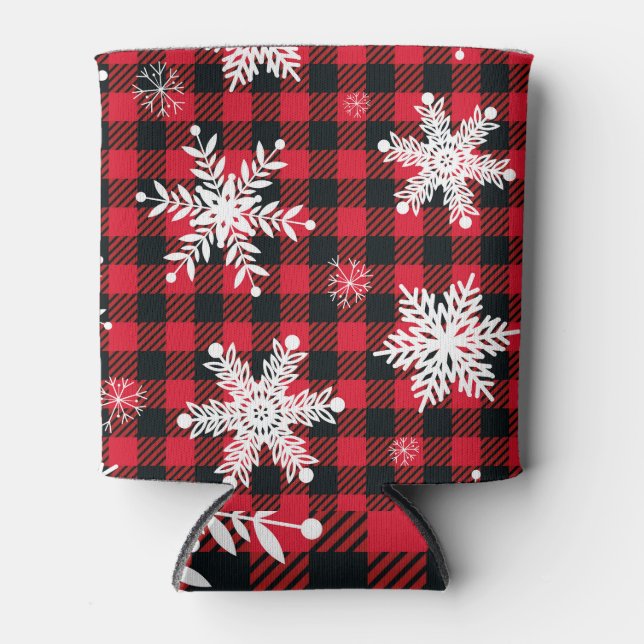 Snowflakes & Buffalo Plaid: Winter Charm Can Cooler (Front)