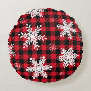 Snowflakes & Buffalo Plaid: Winter Charm Round Cushion