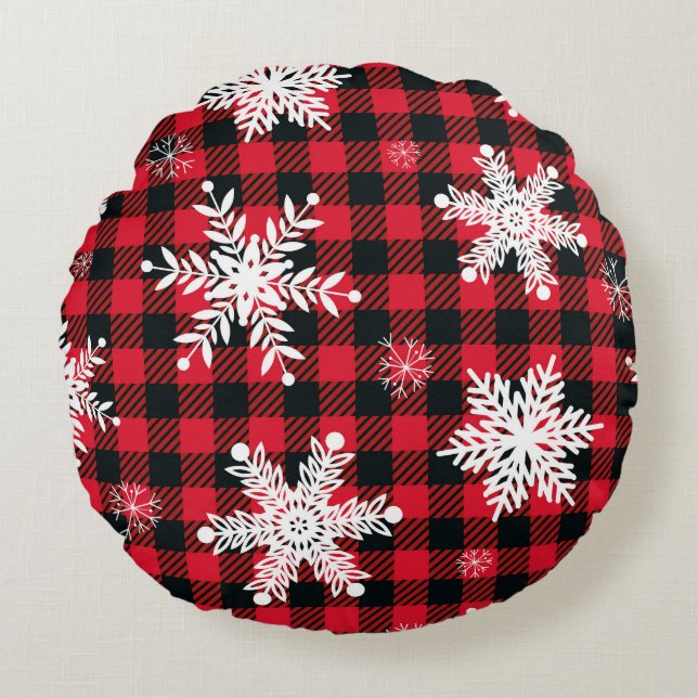 Snowflakes & Buffalo Plaid: Winter Charm Round Cushion (Front)