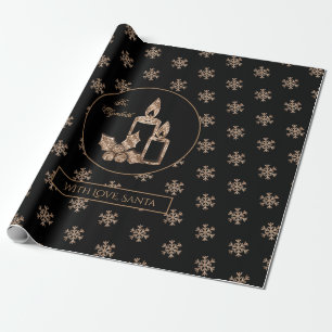 Snowflakes Candles Holly Black and Gold Christmas Wrapping Paper