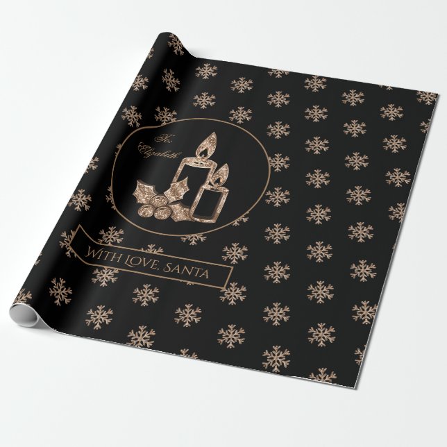 Snowflakes Candles Holly Black and Gold Christmas Wrapping Paper (Unrolled)
