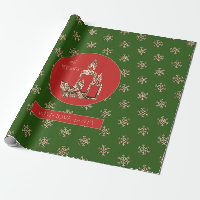 Snowflakes Candles Holly Red and Green Christmas Wrapping Paper (Unrolled)