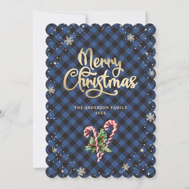 Snowflakes Candy Cane Holly Berries Christmas Holiday Card (Front)