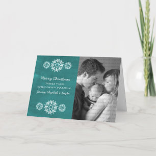 Snowflakes Chalkboard Photo Greeting Card, Teal Holiday Card