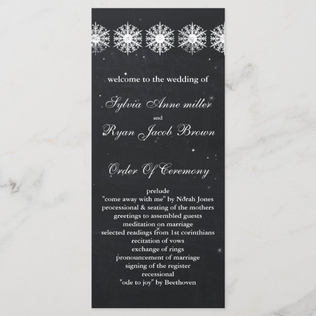 snowflakes chalkboard winter  Wedding program Programme (Front)