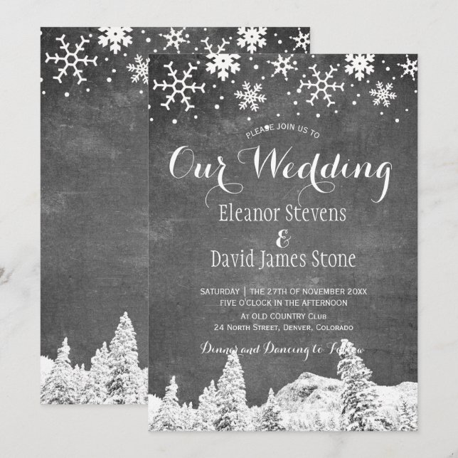 Snowflakes chalkboard winter woodland wedding invitation (Front/Back)