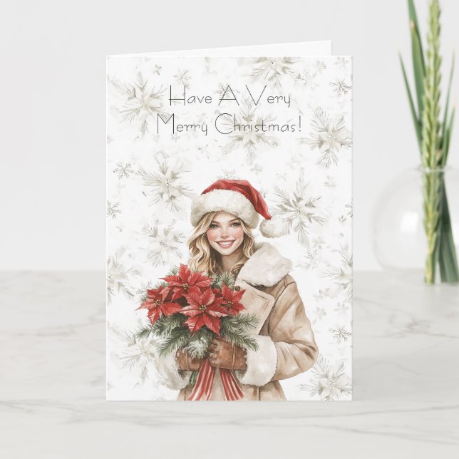 Snowflakes Christmas Blond Woman Poinsettia Floral Card (Front)