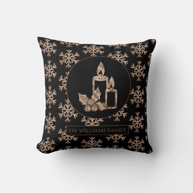 Snowflakes Christmas Candle Elegant Black and Gold Cushion (Front)