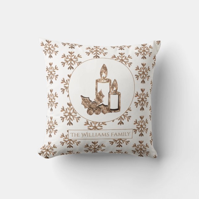 Snowflakes Christmas Candle Elegant White and Gold Cushion (Front)