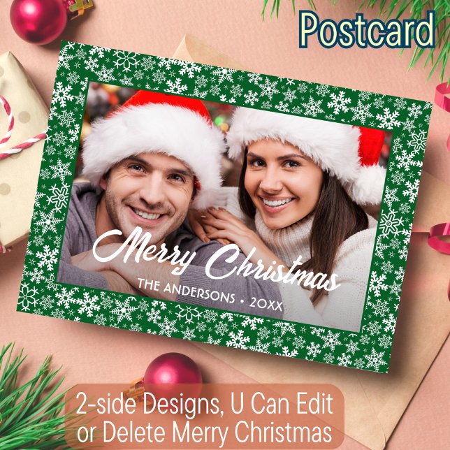 Snowflakes Christmas Custom Photo Script Green Holiday Postcard (Creator Uploaded)