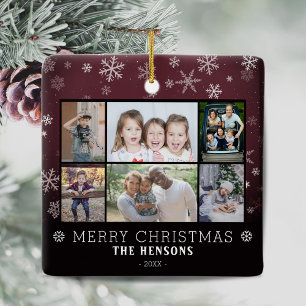 Snowflakes Christmas Family 6 Photo Collage Ceramic Ornament