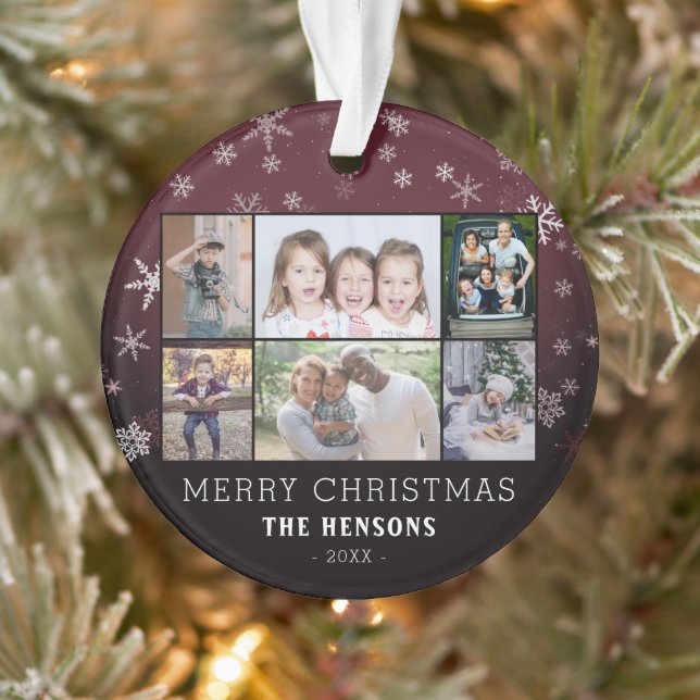 Snowflakes Christmas Family 6 Photo Collage Ornament (Tree)