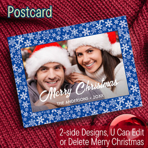 Snowflakes Christmas Family Photo Script Blue Holiday Postcard