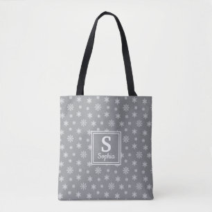 Snowflakes Christmas Grey pattern monogram Tote Bag