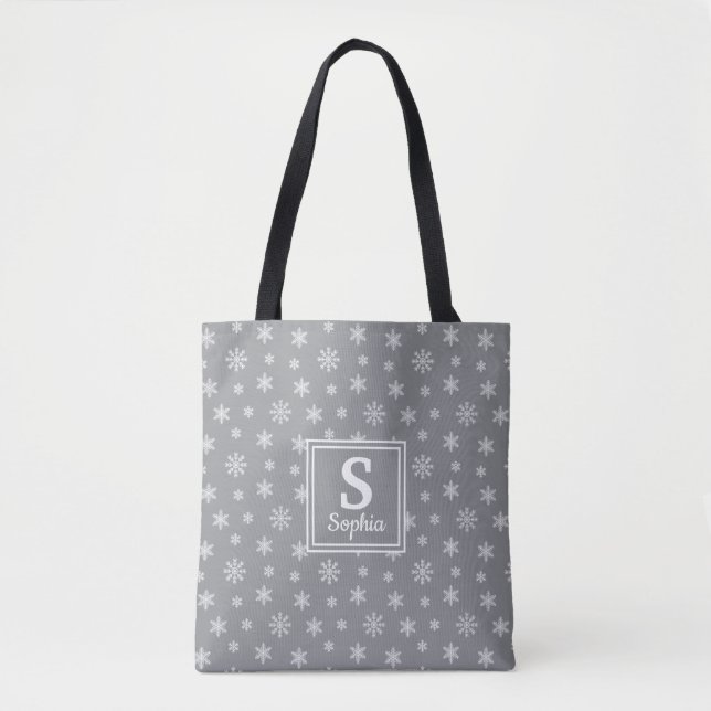 Snowflakes Christmas Grey pattern monogram Tote Bag (Front)