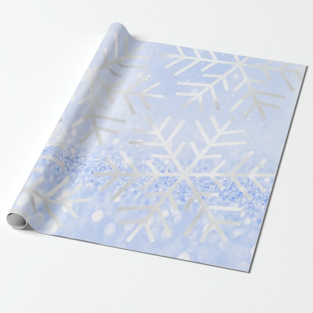 Snowflakes Christmas Holiday Blue Pastel Glitter Wrapping Paper (Unrolled)