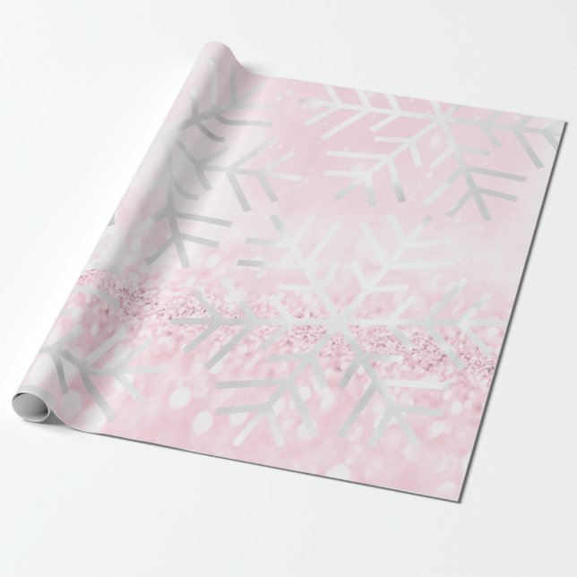 Snowflakes Christmas Holiday Pink Spark Glitter Wrapping Paper (Unrolled)