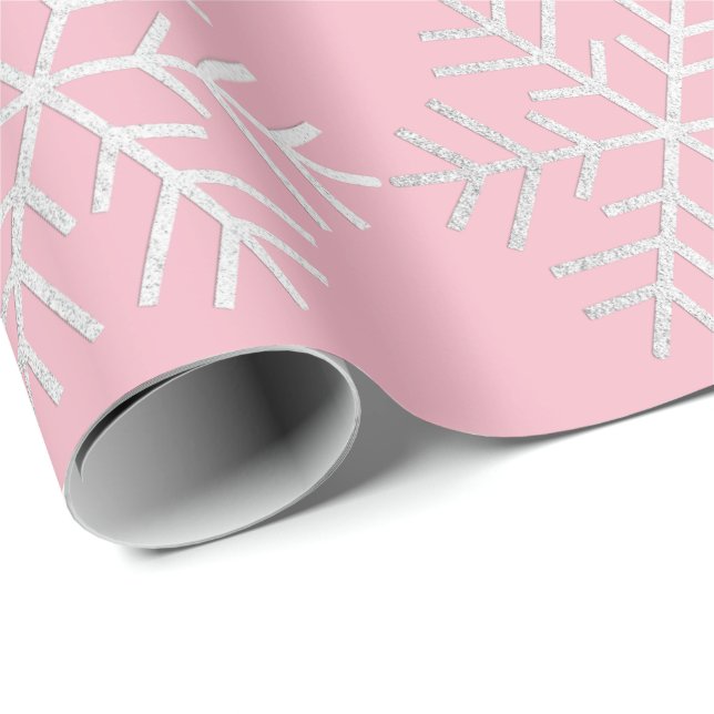Snowflakes Christmas Holiday Pink White Grey Merry Wrapping Paper (Roll Corner)