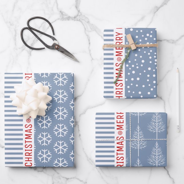 Snowflakes, Christmas trees dusty blue stripes red Wrapping Paper Sheet (Front)