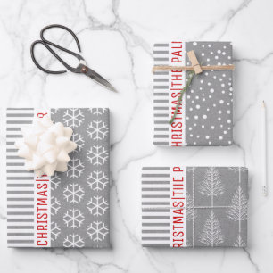 Snowflakes, Christmas trees, grey kraft stripes Wrapping Paper Sheet