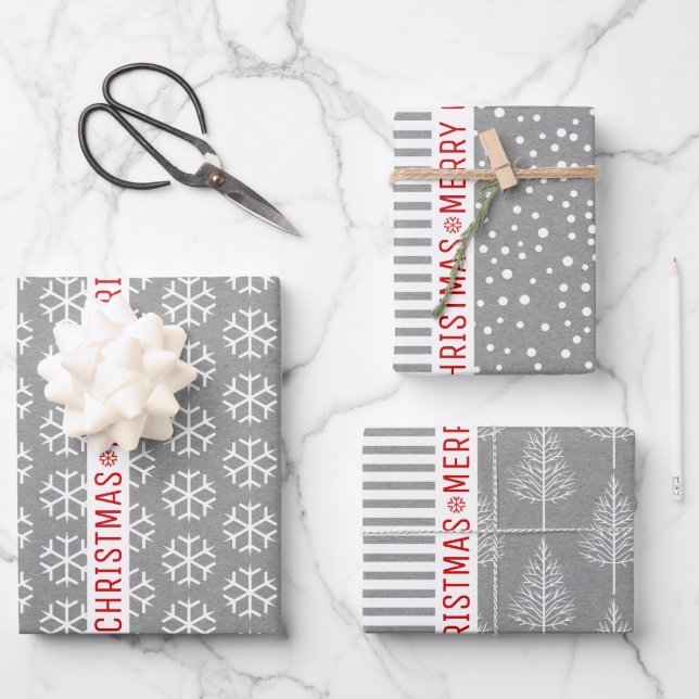 Snowflakes, Christmas trees, grey kraft stripes Wrapping Paper Sheet (Front)