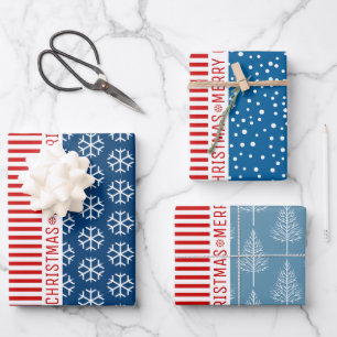 Snowflakes, Christmas trees red stripes blue Wrapping Paper Sheet