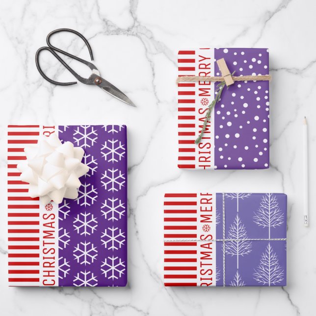 Snowflakes, Christmas trees red stripes blue Wrapping Paper Sheet (Front)
