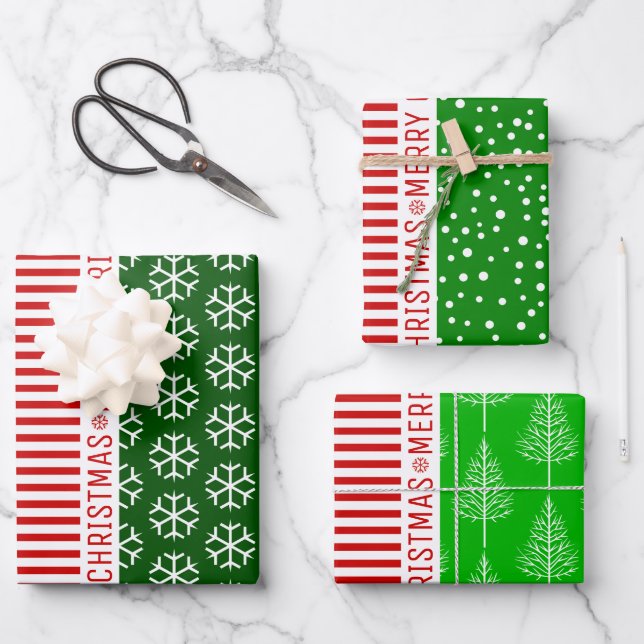 Snowflakes, Christmas trees red stripes green Wrapping Paper Sheet (Front)