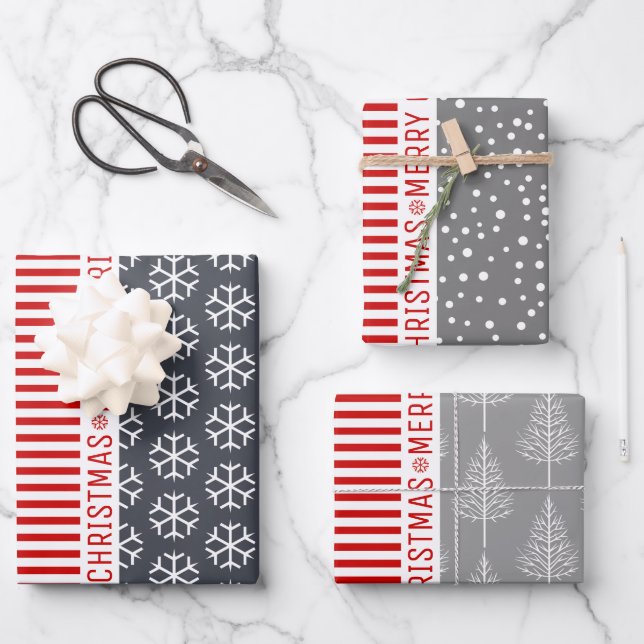 Snowflakes, Christmas trees red stripes grey Wrapping Paper Sheet (Front)