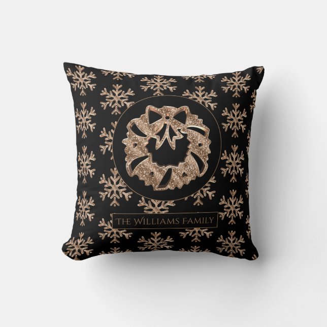 Snowflakes Christmas Wreath Elegant Black and Gold Cushion (Front)