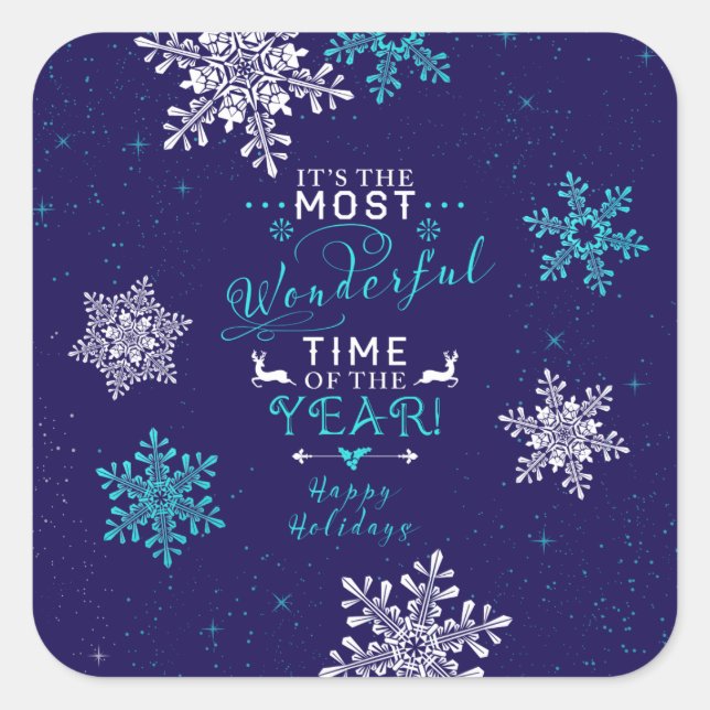 Snowflakes Christmas Xmas Navy Blue Turquoise Square Sticker (Front)