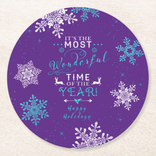 Snowflakes Christmas Xmas Purple Turquoise Round Paper Coaster