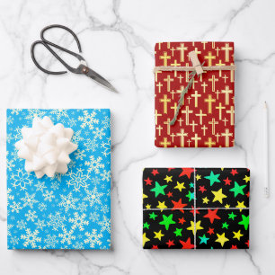 Snowflakes, Colourful Stars, Cross modern elegant Wrapping Paper Sheet